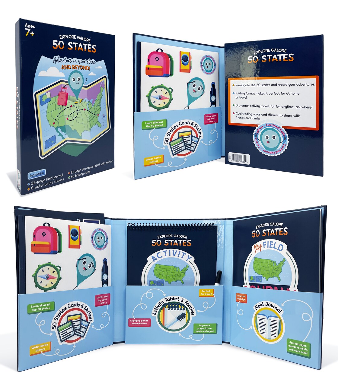 Carson Dellosa Explore Galore: 50 States Wipe Clean Activity Book, Dry Erase Workbook With Kids Travel Activities, Puzzles, I Spy Games, US Map, Stickers, Flash Cards, and Field Journal, Ages 7 and Up